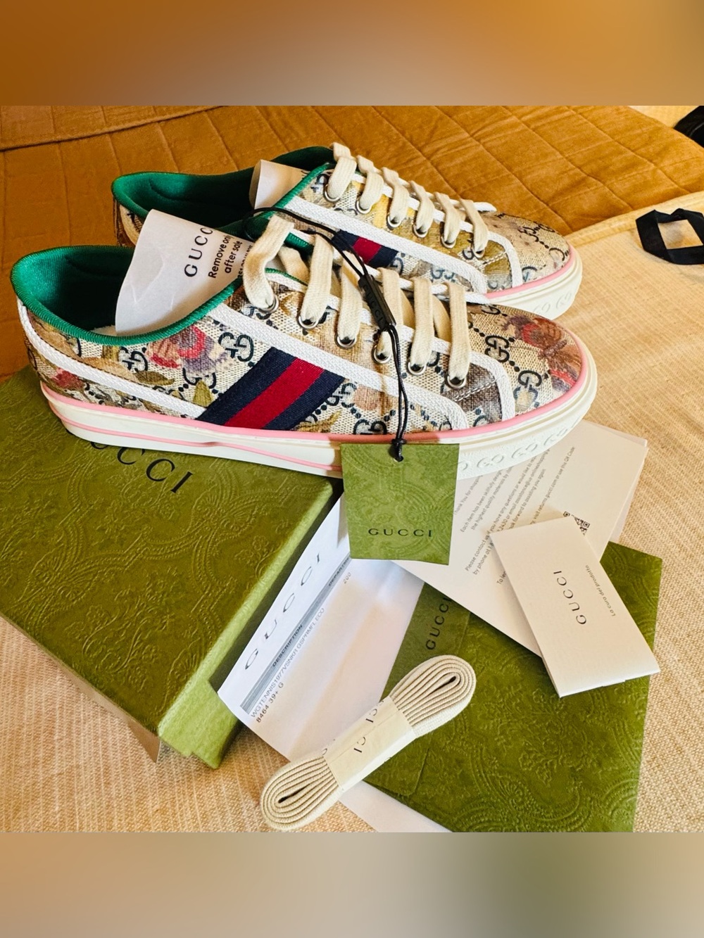 Gucci Beige Floral GG Supreme Sneakers with Pink Trim and Green Accents